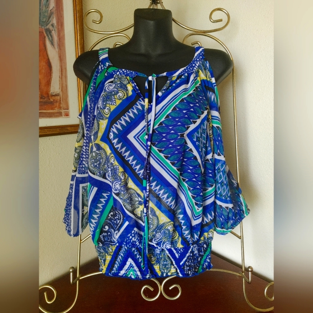 FLIRTY Sheer Blue Multi Colour  Top Elastic Waist Women's Medium[IZ Byer]